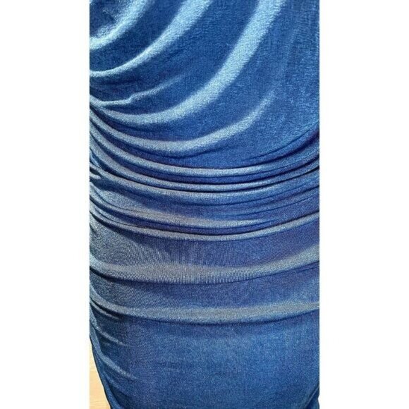 Women's Blue Velvet Halter Neck Ruched‎ Bodycon Midi Dress - Picture 2 of 5